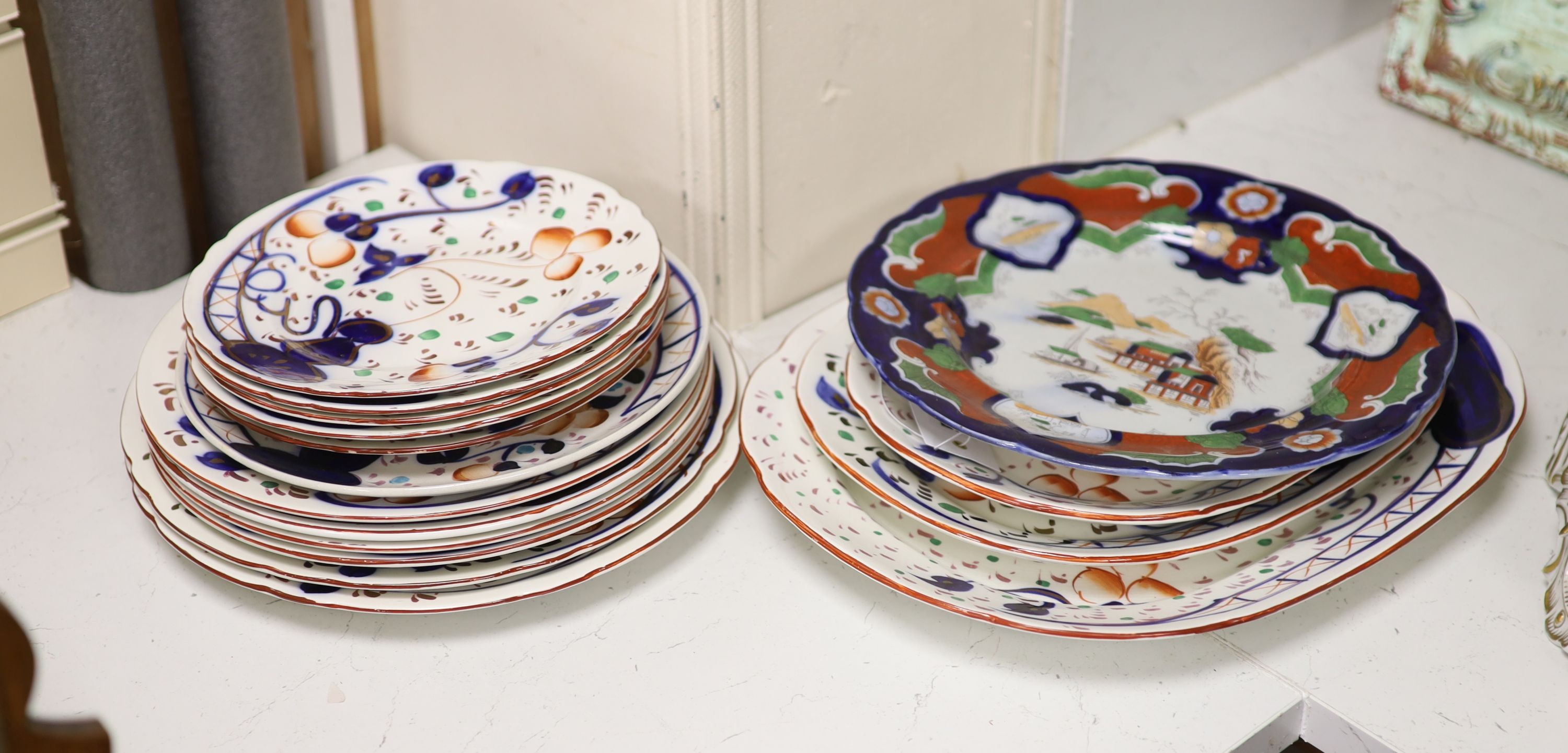 A Welsh Gaudy Pottery part dinner service and an Ironstone dish